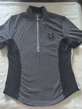 Goode Rider Black and White Pinstripe Quarter-Zip Golf Polo